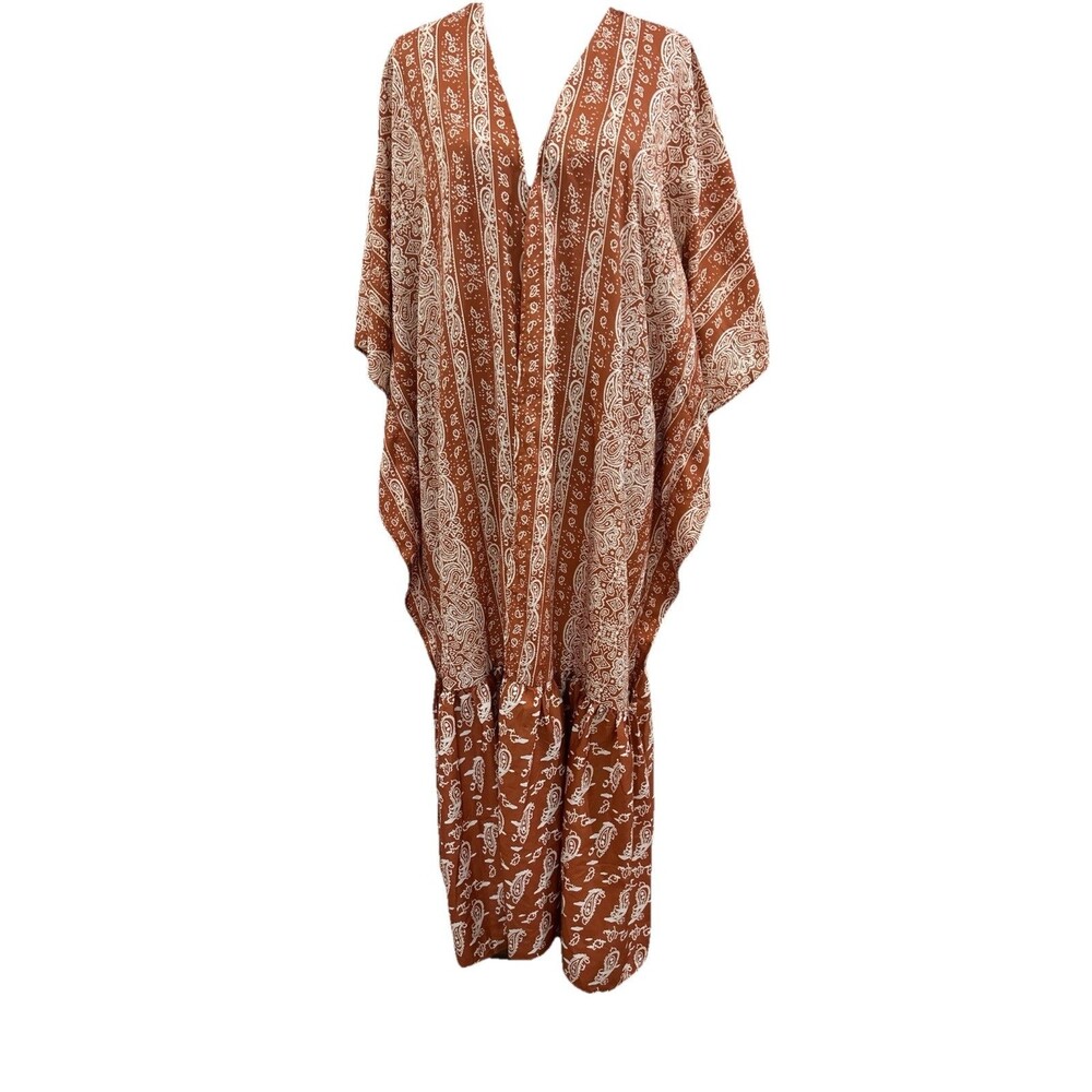 Womens Kimono With Ruffle Hem Trim One Size Boho Paisley Print Burnt Red/ Cream